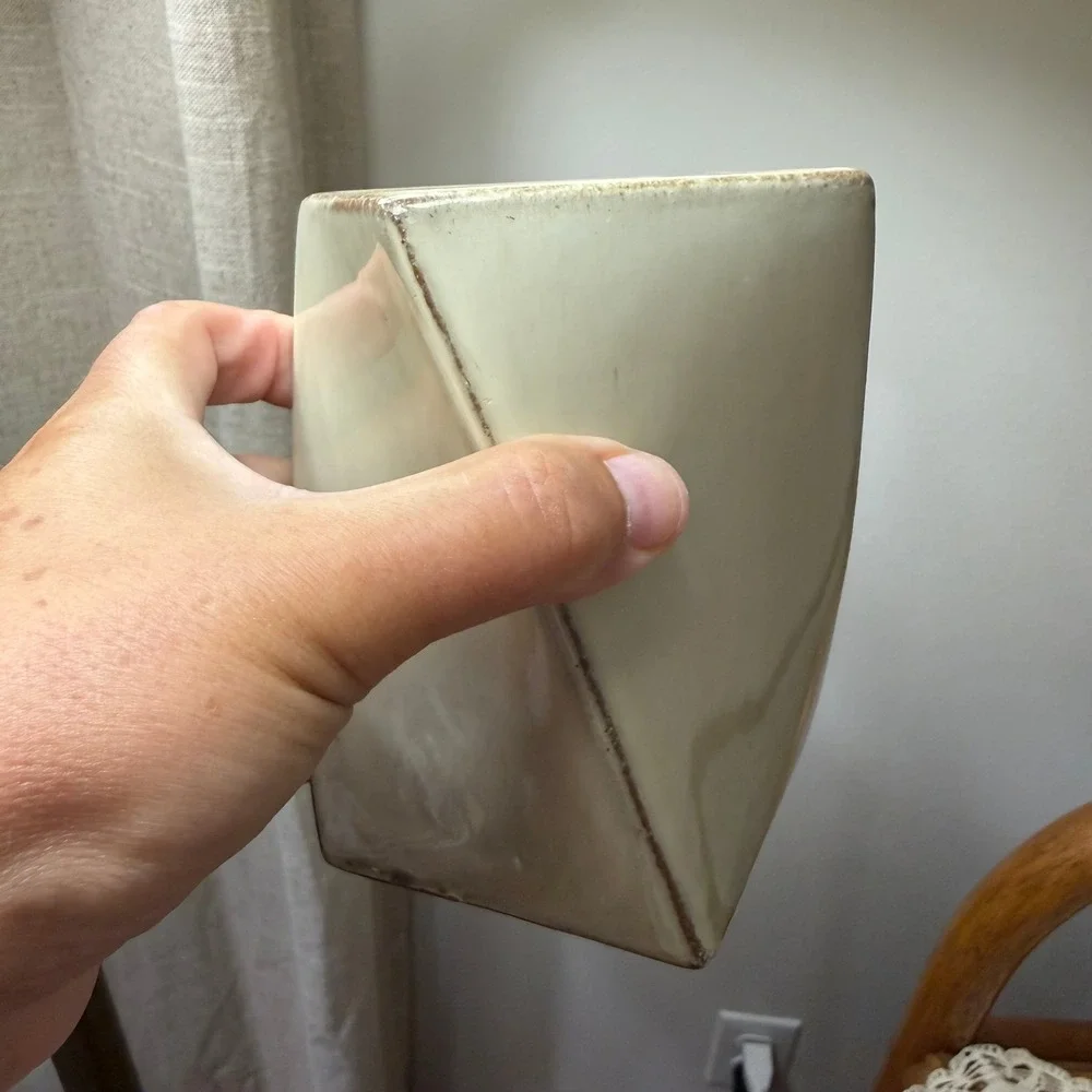 Modern Asymmetric Ceramic Vase Ivory Bronze Drip Glaze Geometric Wedge Decor